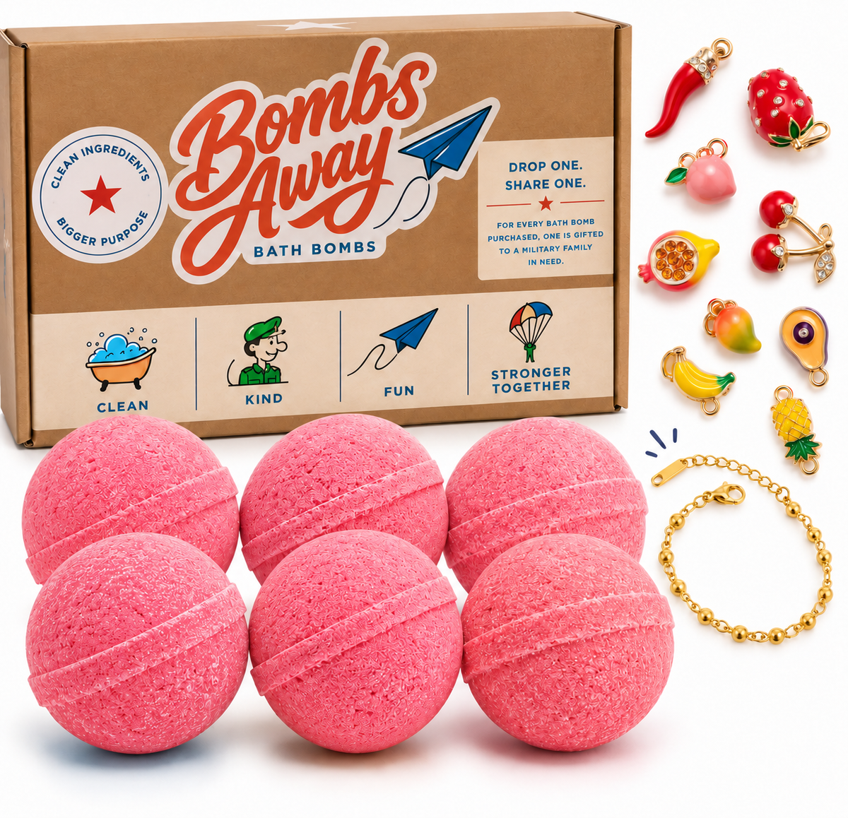 Six Pink Bath Bombs | Fruit Charm Bracelet Surprise