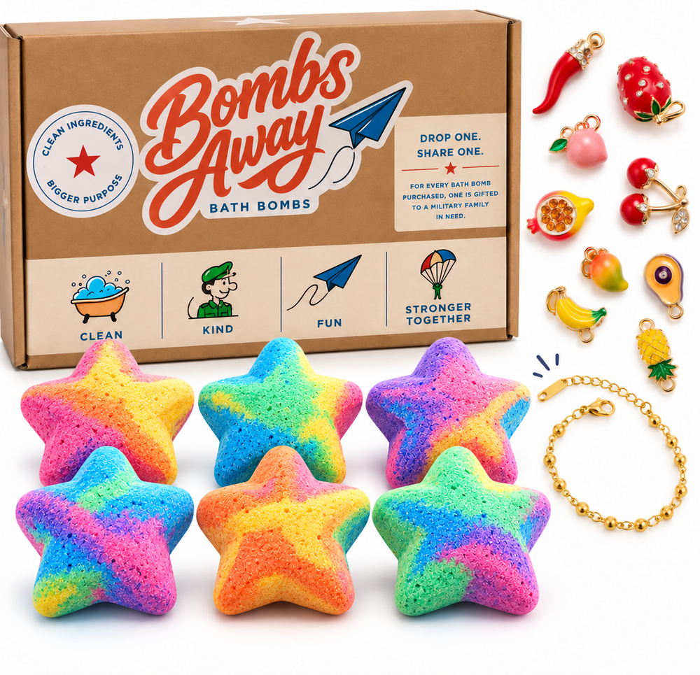 Six Multi-Color Star Bath Bombs | Fruit Charm Bracelet Surprise